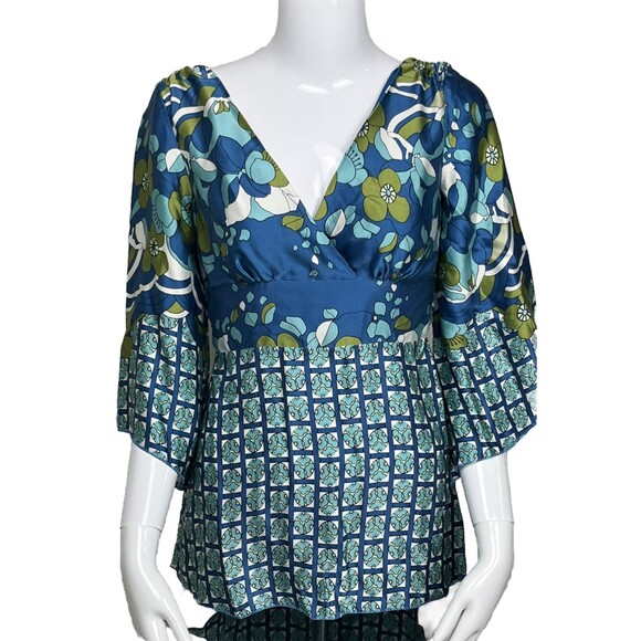 Silk Babydoll Blue Boho Blouse 1060 Sherman Mod Floral Flare Sleeve XS Soft Girl - Picture 1 of 4